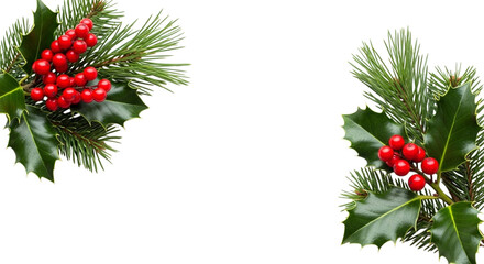 Two corner arrangements of fresh green holly leaves with bright red berries and pine needles isolated on transparent background for christmas decoration design element