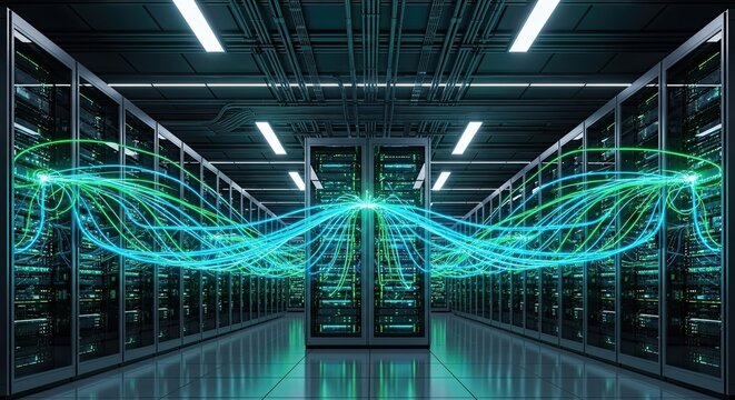 Futuristic data center with glowing fiber optic cables transferring data swiftly in the server room for advanced technology and network solutions - Powered by Adobe