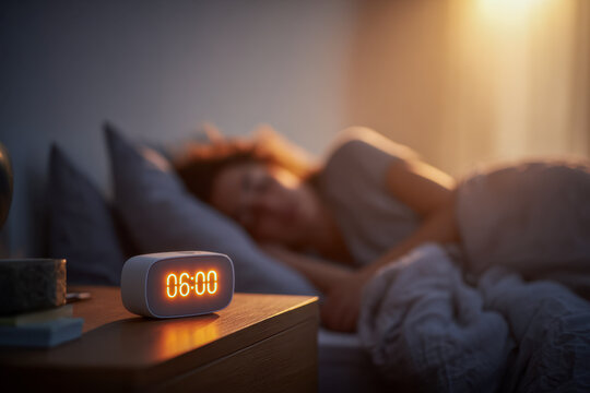 A digital alarm clock glowing at six o'clock on a wooden bedside table while a person peacefully sleeps in a softly lit bedroom during early morning hours