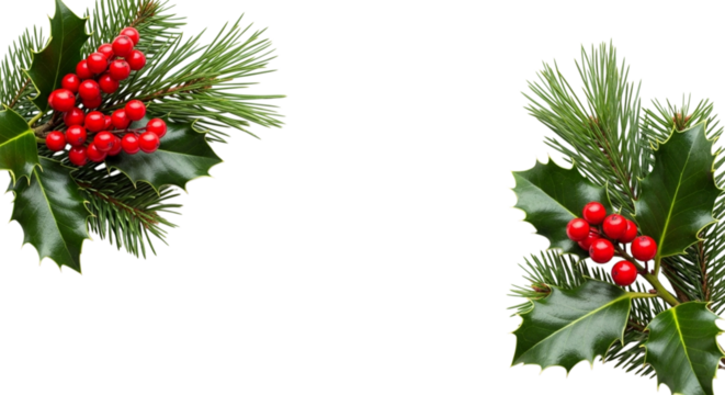 Two corner arrangements of fresh green holly leaves with bright red berries and pine needles isolated on transparent background for christmas decoration design element