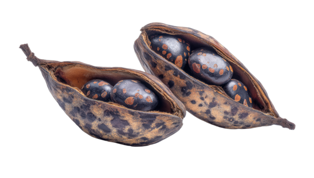 Two opened dried seed pods revealing dark, spotted seeds within