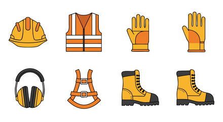 Collection of essential personal protective equipment (PPE) for construction and industrial safety, including hard hat, vest, gloves, ear protection, harness, and work boots.