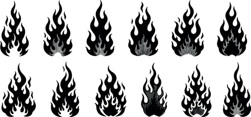 Stylized black flame vector icons set. fire elements collection