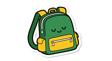 A cute green and yellow cartoon backpack sticker with a smiling, happy face isolated on a white background.