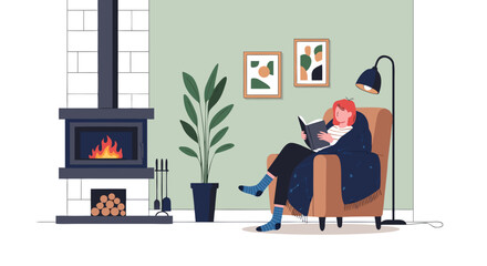 A person relaxing in a cozy armchair by a warm fireplace, reading a book in a comfortable living room.