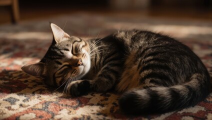 Tabby Cat Sleeping Peacefully on a Patterned Rug in Warm Sunlight.
