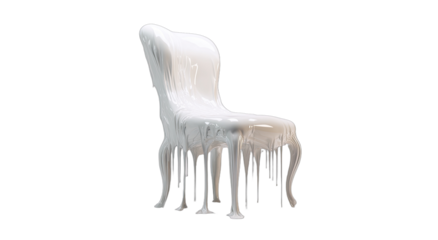 White chair with melted, dripping, surreal material forming legs