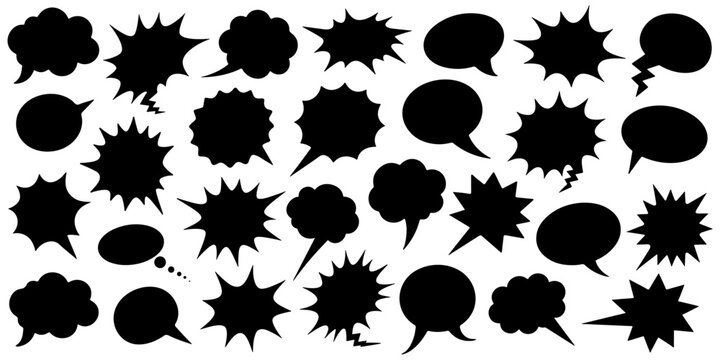Collection of black comic speech bubbles and explosion shapes. Blank dialogue and sound effect elements for pop art and comic design.