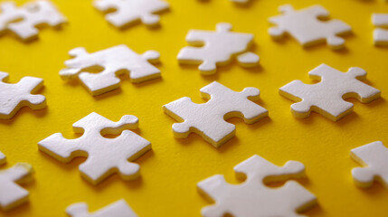 Fototapeta premium White puzzle pieces scattered systematically on a vibrant yellow background creating an abstract and creative pattern for concept or design projects