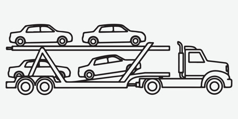 Line art illustration of a car carrier truck transporting multiple vehicles