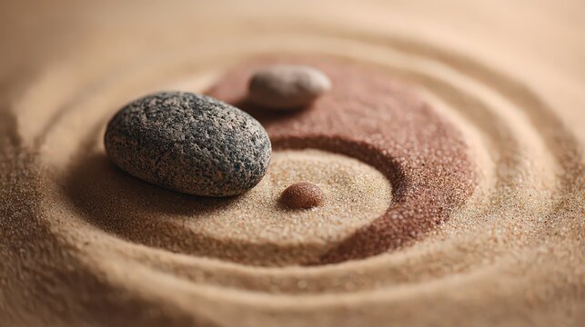 Zen Garden Composition With Pebbles in Spiral Pattern on Sand with Neutral Lighting