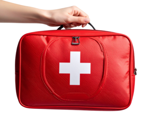 Female Hand Holding Red First Aid Medical Kit Bag on Transparent Background