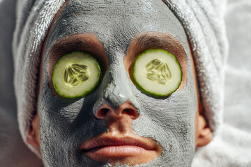 Person wearing a soothing gray facial mask with cucumber slices on eyes and a white towel wrapped around the head during a relaxing spa session