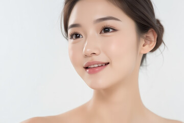 Obraz premium Female Asian Model with Short Hair - Young Beautiful Woman with Hair Bun - Studio Portrait of Asian Beauty for Fashion, Cosmetic, Skincare - Posing on White Background - Smooth Tied Hair