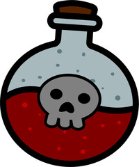 Cartoon poison potion bottle with skull logo, isolated on white for Halloween or danger.