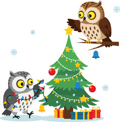 Owl decorating Christmas tree