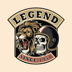 Vintage-inspired emblem with a roaring lion and skull wearing a helmet, symbolizing legacy and strength since 1949. Ideal for edgy apparel or designs