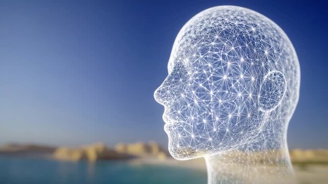 Mindscape: An artistic, profile view of a person's head overlayed with interconnected digital pathways, representing the inner workings of the human mind, set against a blurred landscape background.