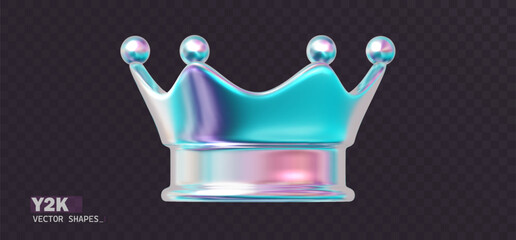 Neon holographic 3D crown with metallic chrome texture. Pink-purple gradient royal symbol. Iridescent Y2K king or princess icon. Vector isolated.