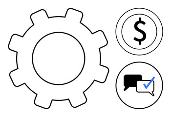 Abstract gear, dollar sign in a circle, and two chat bubbles with a checkmark represent mechanisms, finance, and communication. Ideal for teamwork, operations, productivity, management cooperation