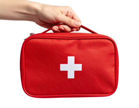 Female Hand Holding Red First Aid Medical Kit Bag on Transparent Background