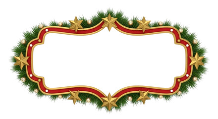 Ornate christmas holiday frame or border decorated with green pine garland, red ribbon, golden star, and glowing light bulb, isolated on transparent background
