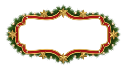 Ornate christmas holiday frame or border decorated with green pine garland, red ribbon, golden star, and glowing light bulb, isolated on transparent background