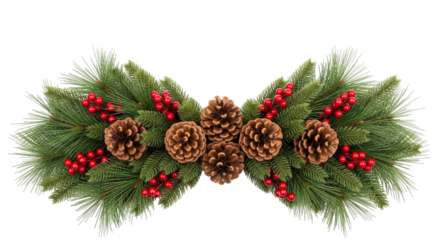 Festive christmas swag decoration featuring pine branches, natural pinecones, and bright red winter berries, isolated on transparent background