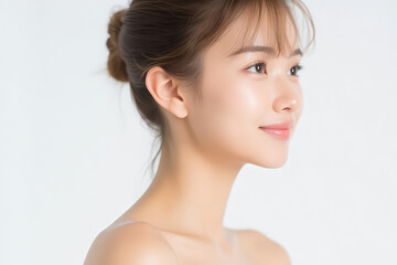 Female Asian Model with Short Hair - Young Beautiful Woman with Hair Bun - Studio Portrait of Asian Beauty for Fashion, Cosmetic, Skincare - Posing on White Background - Smooth Tied Hair