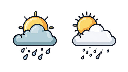 Sunny and rainy weather icons, sun behind clouds with droplets