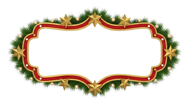 Ornate christmas holiday frame or border decorated with green pine garland, red ribbon, golden star, and glowing light bulb, isolated on transparent background