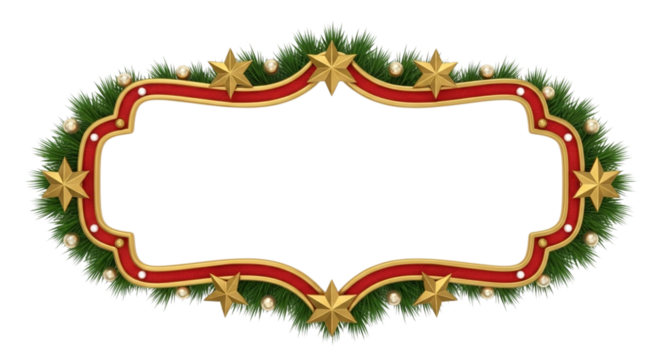 Ornate christmas holiday frame or border decorated with green pine garland, red ribbon, golden star, and glowing light bulb, isolated on transparent background