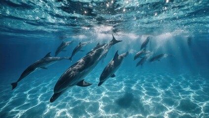 Naklejka premium Underwater Dolphins Swimming Together in the Ocean Sunlight.