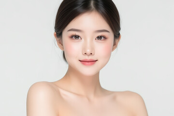 Obraz premium Female Asian Model with Short Hair - Young Beautiful Woman with Hair Bun - Studio Portrait of Asian Beauty for Fashion, Cosmetic, Skincare - Posing on White Background - Smooth Tied Hair
