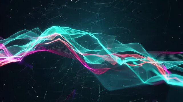 Vibrant streaming visuals with animated wave patterns on grid background, energetic digital display featuring colorful spectral lines and animated wave patterns over structured grid background - Powered by Adobe