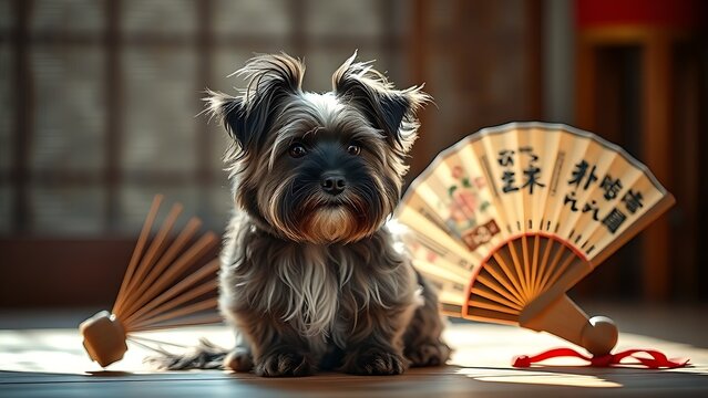 A Tibetan terrier resting peacefully near a traditional hand fan, exuding calm and tranquility.