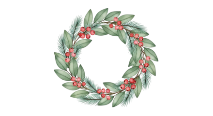 Watercolor illustration of a festive christmas wreath made of green leaves and red winter berries, isolated on transparent background
