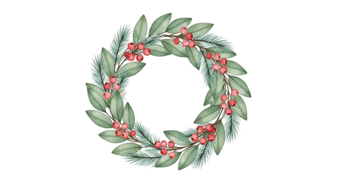 Watercolor illustration of a festive christmas wreath made of green leaves and red winter berries, isolated on transparent background