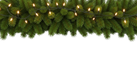 Realistic festive evergreen pine garland decorated with warm glowing string lights border isolated on transparent background for holiday design element