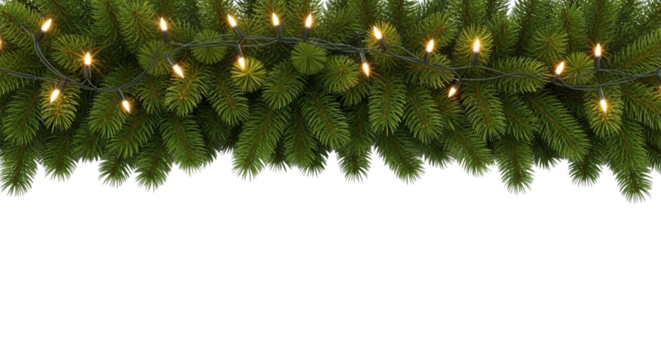 Realistic festive evergreen pine garland decorated with warm glowing string lights border isolated on transparent background for holiday design element