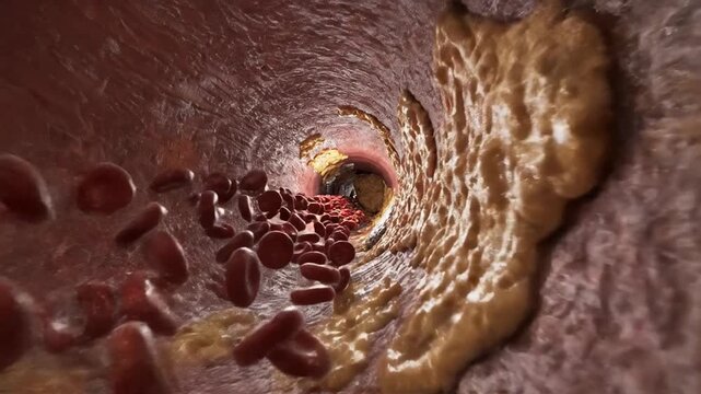 Red blood cells flow through a narrow artery, depicting vascular health and circulation, relevant to cardiovascular awareness and medical studies