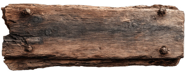 Weathered, rustic wooden plank with old metal nails embedded