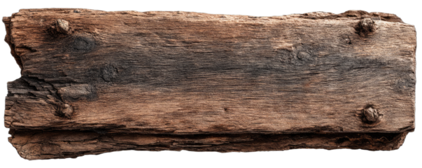 Weathered, rustic wooden plank with old metal nails embedded