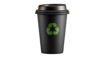Black disposable coffee cup with green recycling symbol, black lid