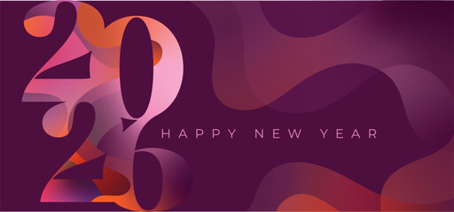 2026 Happy New Year Modern Banner Card with Dynamic and Smooth Flowing Gradient Shapes in Plum, Light Pink and Vibrant Orange
