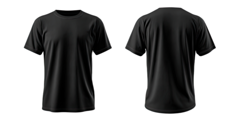 Two views of a plain black t-shirt, front and back, isolated on black