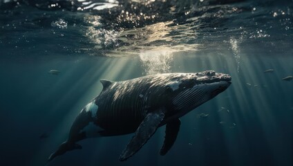 Fototapeta premium Underwater view of a majestic humpback whale swimming in clear blue ocean water with sun rays shining through the surface.