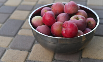 Red apples in shiny metal bowl, arranged on cobblestone surface. Bright sunlight accentuates their color and freshness, capturing beauty of healthy snack in summer.