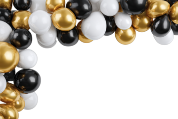 Festive, shiny, spherical decorations in black, gold, and white