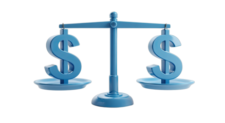 Blue balance scale with two dollar signs on a black background